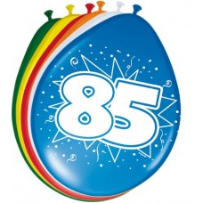 Gekleurde Leeftijdsballon: 85 Jaar 8 st.